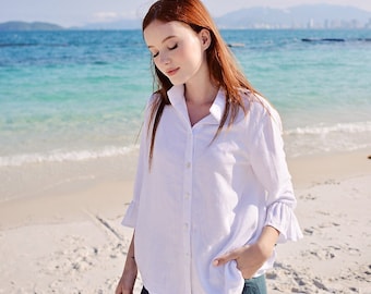 Chemise blanche en lin pour femme - Manches longues avec volant
