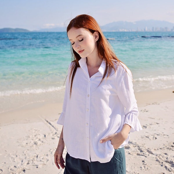 White Shirt Linen for Women - Long Sleeve with Ruffle