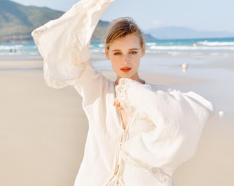 Kimono Linen Gauze Long Robe with Lace Trim
