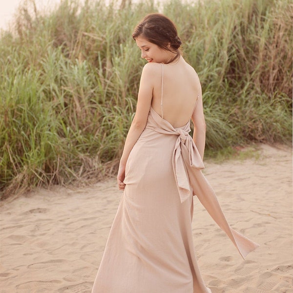 Open back Cotton Dress - Cotton Full Length Dress - Openback Linen Dress - Natural Fabric