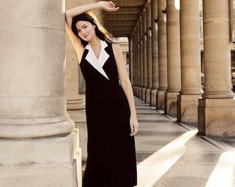 Black Linen Dress White Collar - Evening Dress Midi - Sleeveless Dress Wedding Guest - Chic Dress Women - Parisian Fashion