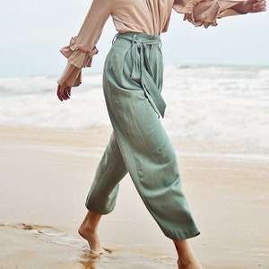 Linen Pants Relaxed Fit Women Linen Pants Cotton Pants Elastic Waist image 3