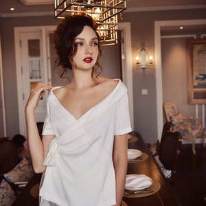 Silk Wrap Blouse - Silk Shirt Women - Long Sleeve Blouse - Loose Blouse - Puff Sleeve Top