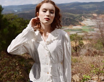 Chemisier en lin blanc - Chemisier en coton à manches longues - Haut en lin pour femme