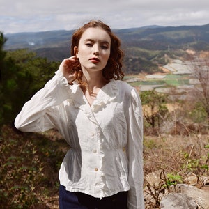 White Linen Blouse -  Long Sleeve Cotton Blouse -Women Linen Top