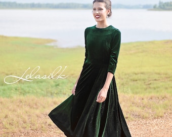 Emerald Velvet Midi Dress - Women Velvet Dress - Mid-Calf Formal Dress