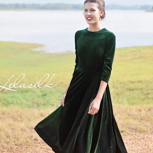 Emerald Velvet Midi Dress Women Velvet 