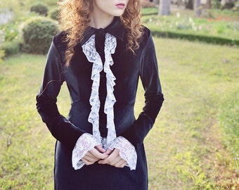 Edwardian Dress Black - Women Velvet Dress - Midi Formal Dress