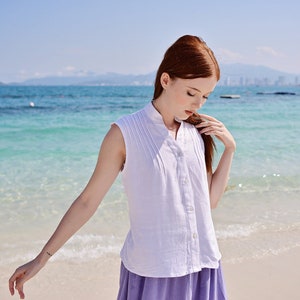Camicia bianca in lino - Abbigliamento estivo donna - Top senza maniche
