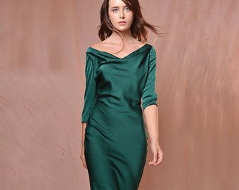 Bridesmaids Silk Dress - Cowl Neck Long Sleeves Dress - Emerald Silk Dress