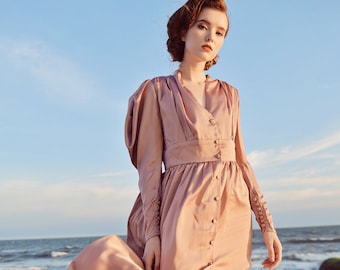 Long Sleeve Silk Dress - Vintage Style Silk Dress - Classic Silk Dress