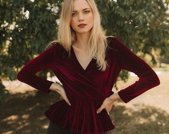 Wrap Top Women - Long Sleeve Blouse - Velvet Blouse Women - Velvet Top Women