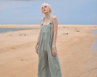 Linen Jumpsuit with Pockets - Pants Women Linen Jumpsuits - Linen Clothing Women