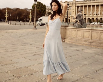 Organic Cotton Dress - Blue Maxi Dress - Linen Ruffle Dress - Handmade Clothing by Lelasilk