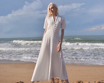 Sleeves Linen Long Dress - White Linen Dress - Organic Clothing - Long Cotton Dress - Wedding Guest Dress