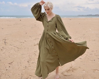 Vestidos para mulheres - Vestido de linho com bolsos - Mangas bufantes - Vestido longo de linho - Estilo vintage - Vestido longo com decote dobrado - Roupas femininas