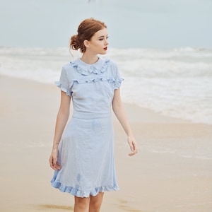 Summer Dress Cotton Women Linen Dress Short Sleeves Dress Frills Cotton Dress image 1