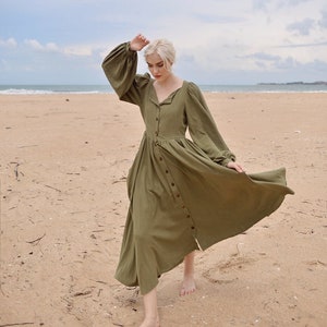 Linen Dress with Pockets Puff Sleeves Long Linen Dress Vintage Style Linen Dress Folded Neck Long Dress image 1