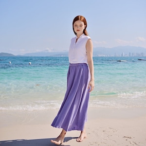 Linen Skirt Midi Length with Elastic Waist in Lilac image 2