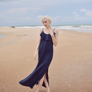 Lowback Linen Dress Long Linen Dress Linen Cotton Slip Sides Slit Dress 画像 1