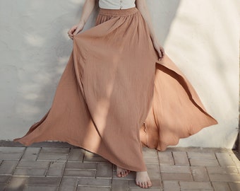 Linen Skirt - Skirt Women Maxi - Skirt with Adjustable Waist - Cotton Skirt Women - Side Slit Skirt