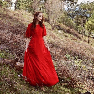 Maxi Silk Dress - Red Silk Dress - Silk Dress with Sleeves - Bridesmaids Silk Dress - Long Silk Gown - Valentines Day Dress