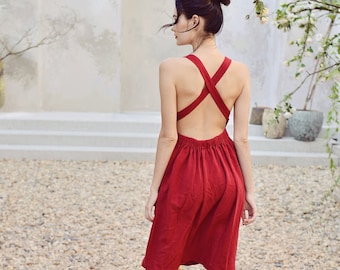 Linen Dress Crisscross - Organic Cotton Dress - Dress For Women - Red Open back Dress - Elastic Waist