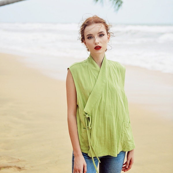 Linen Tops for Women Wrap - Linen Blouse Sleeveless - Linen Shirt Summer