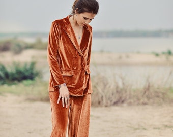 Pajamas Women Terracotta - Winter Set - Velvet Suit Women - Winter Women PJs - Velvet Women Set