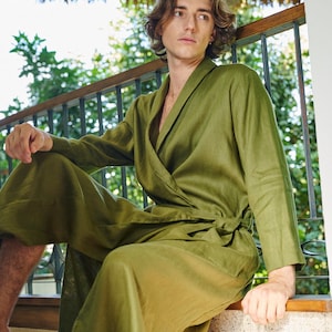 Linen Robe for Men Handmade Jacket for man Plus size Housecoat Gift for him image 2