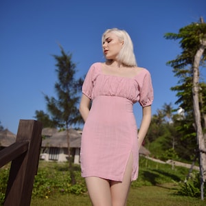 Pink Mini Dress - Linen Short Dress - Pink Summer Dress