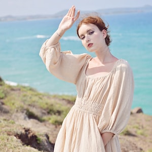 Linen Dress Midi - Summer Dress with Sleeves - Linen Dress Elastic Waist - Womens Clothing