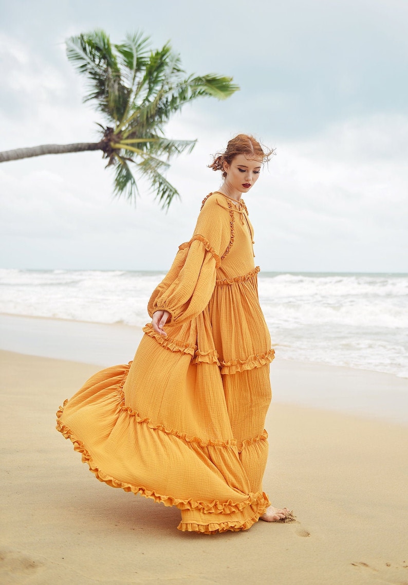 Boho Dress Full Length Long Sleeves Dress Linen Beach Dress image 2