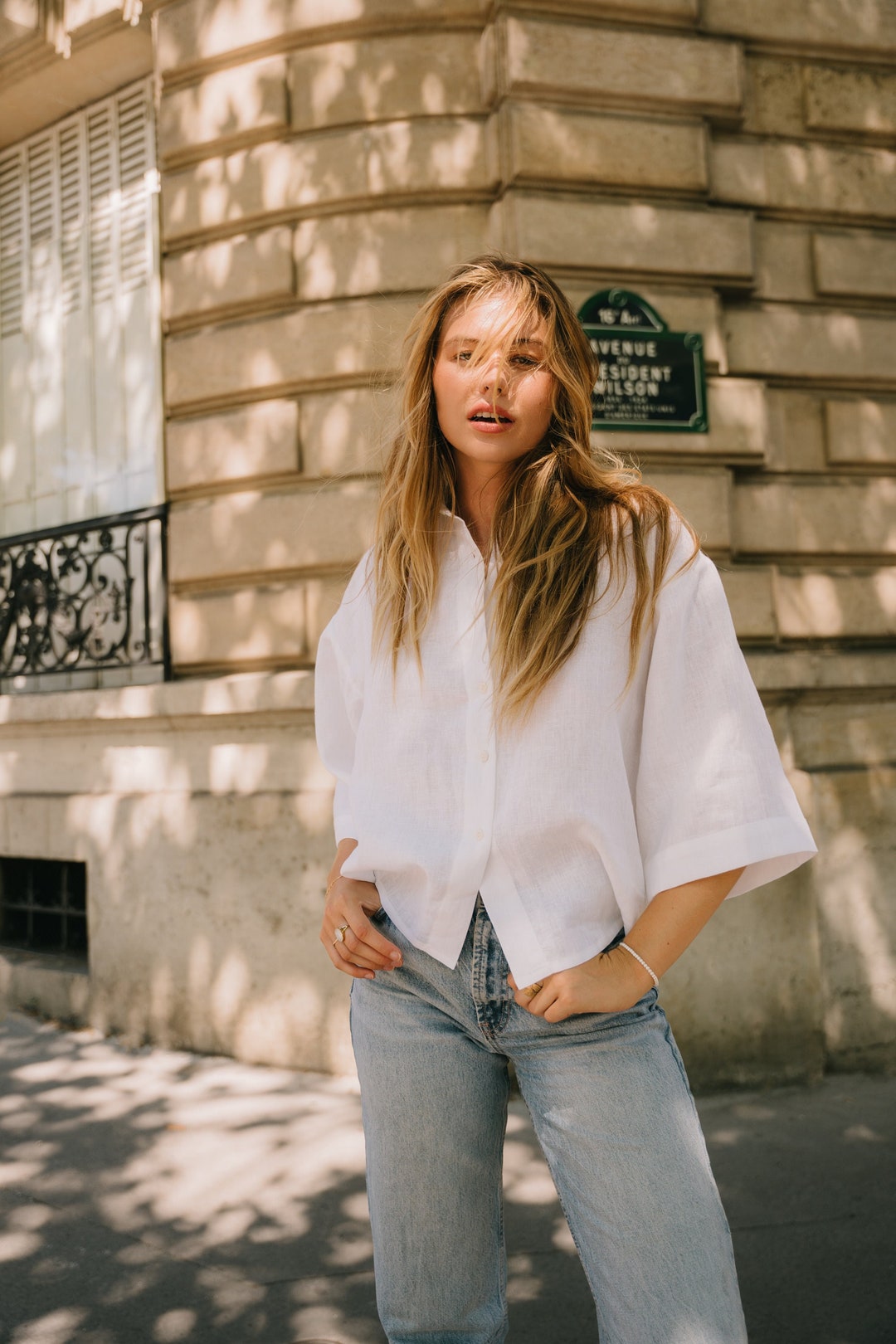 Camicia in lino bianco Camicie da donna Top in lino a maniche - Technical View