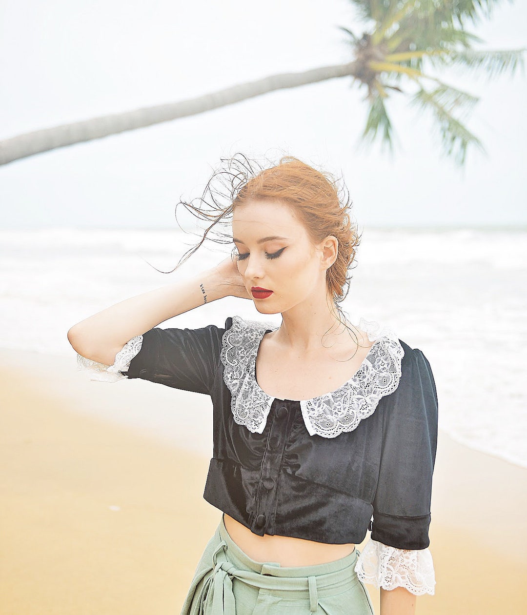 Black Velvet Blouse With Lace Collar - Velvet Crop Top - Etsy