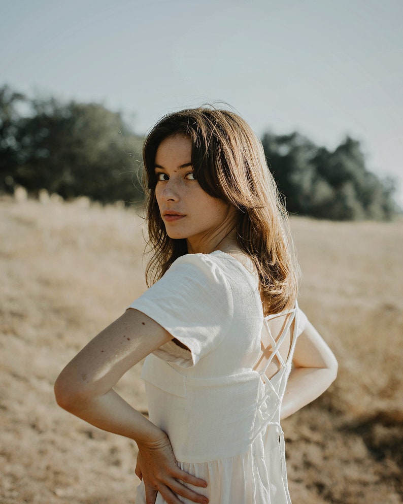 White Linen Dress - Short Sleeve Dress - Linen Short Dress - Womens Dresses image 3