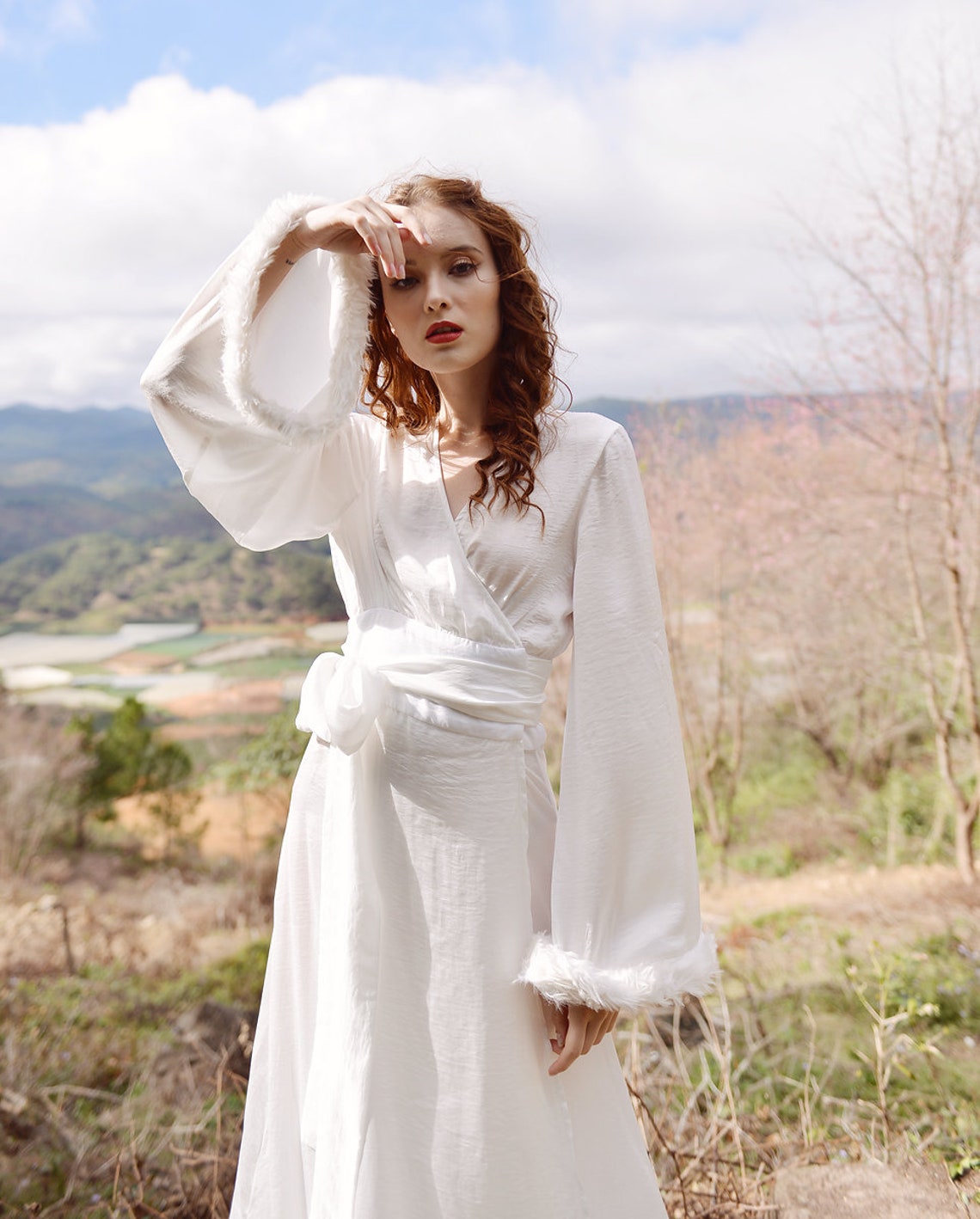 Silk Robe Fur Trim Faux Fur Robe Floor Length Gown Long Etsy