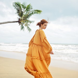 Boho Dress Full Length Long Sleeves Dress Linen Beach Dress image 8