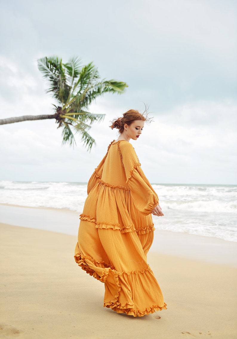 Boho Dress Full Length Long Sleeves Dress Linen Beach Dress image 8