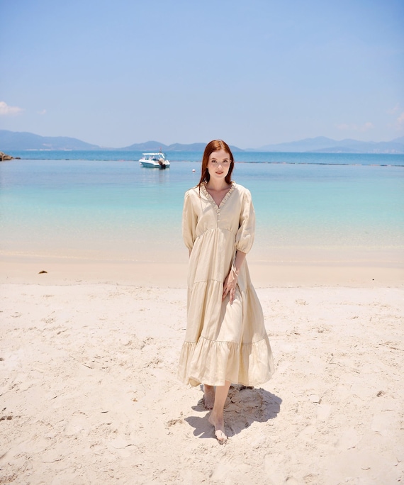 Tiered Linen Dress in Champagne