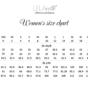 May include: A size chart for women's clothing, showing measurements in inches and centimeters for chest, waist, and hips. The chart includes sizes from XXS to XXL.