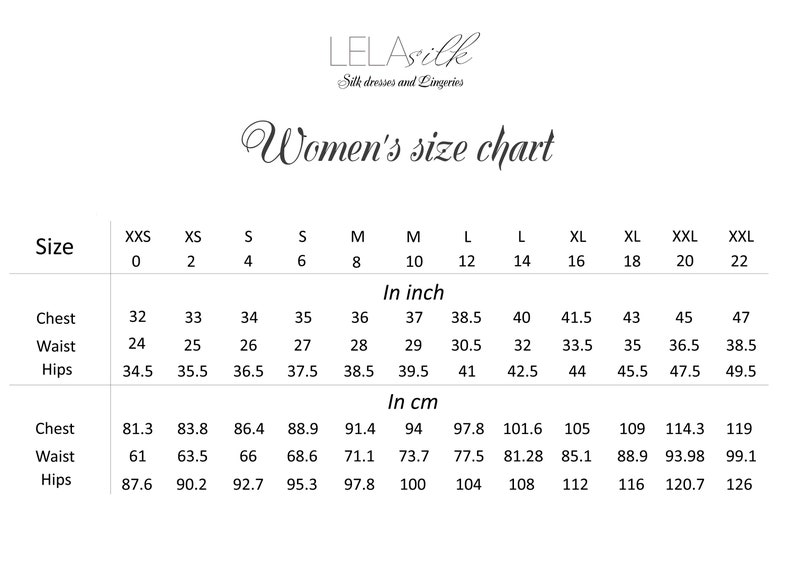 May include: A size chart for women's clothing, showing measurements in inches and centimeters for chest, waist, and hips. The chart includes sizes from XXS to XXL.