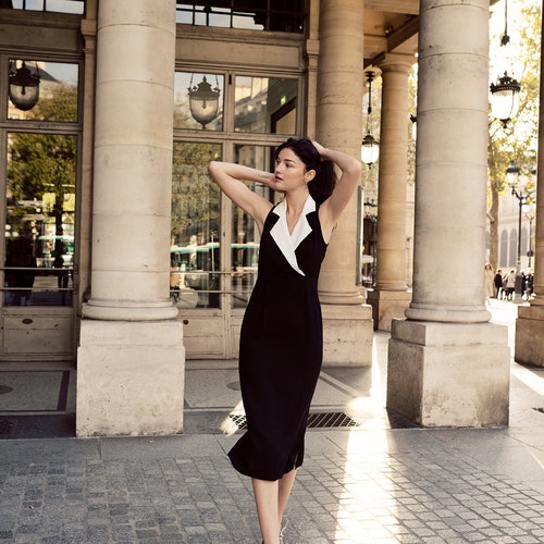 Black Linen shops Dress White Collar - Evening Dress Midi - Sleeveless Dress Wedding Guest - Chic Dress Women - Parisian Fashion