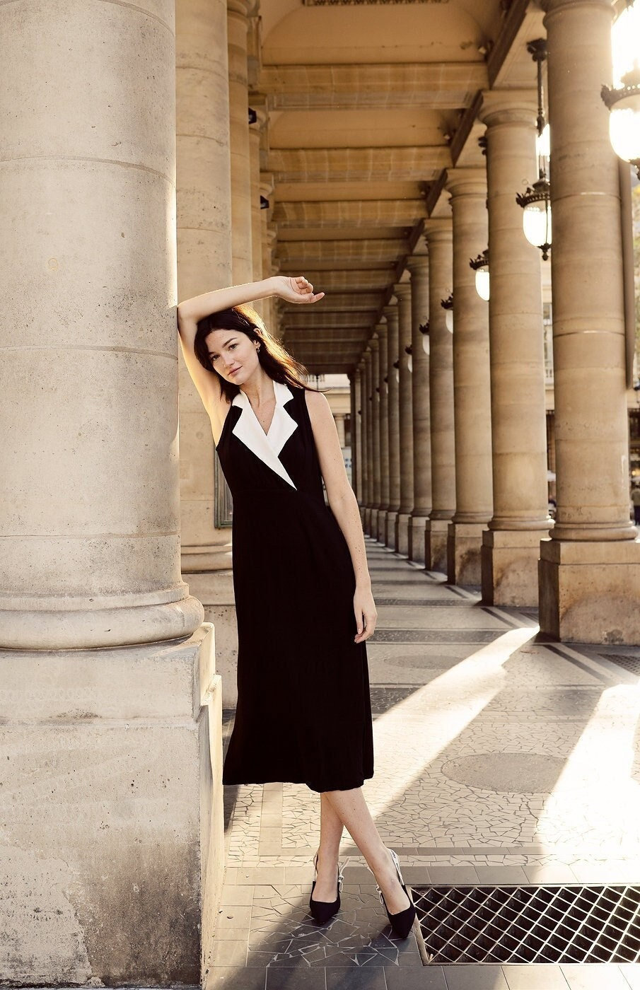 Black Linen Dress White Collar - Evening Dress Midi - Sleeveless Dress Wedding Guest - Chic Dress Women - Parisian Fashion