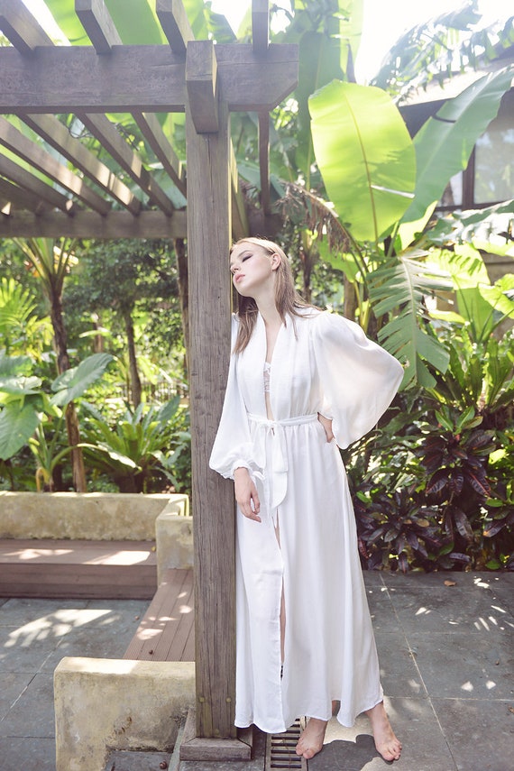 Puff Sleeves Silk Robe Long Women Robe 