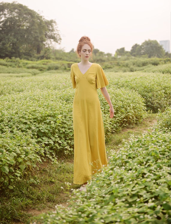 Long Cotton Dress Gold Dress Dress for Women Summer Dress Comfy Floorlength  Dress Natural Fabric 