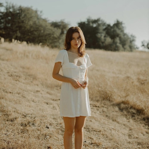 White Linen Dress - Short Sleeve Dress - Linen Short Dress - Womens Dresses