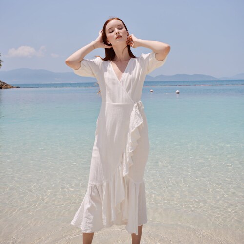White Cotton Wrap Dress - White Linen Dress shops - Linen Clothing Women
