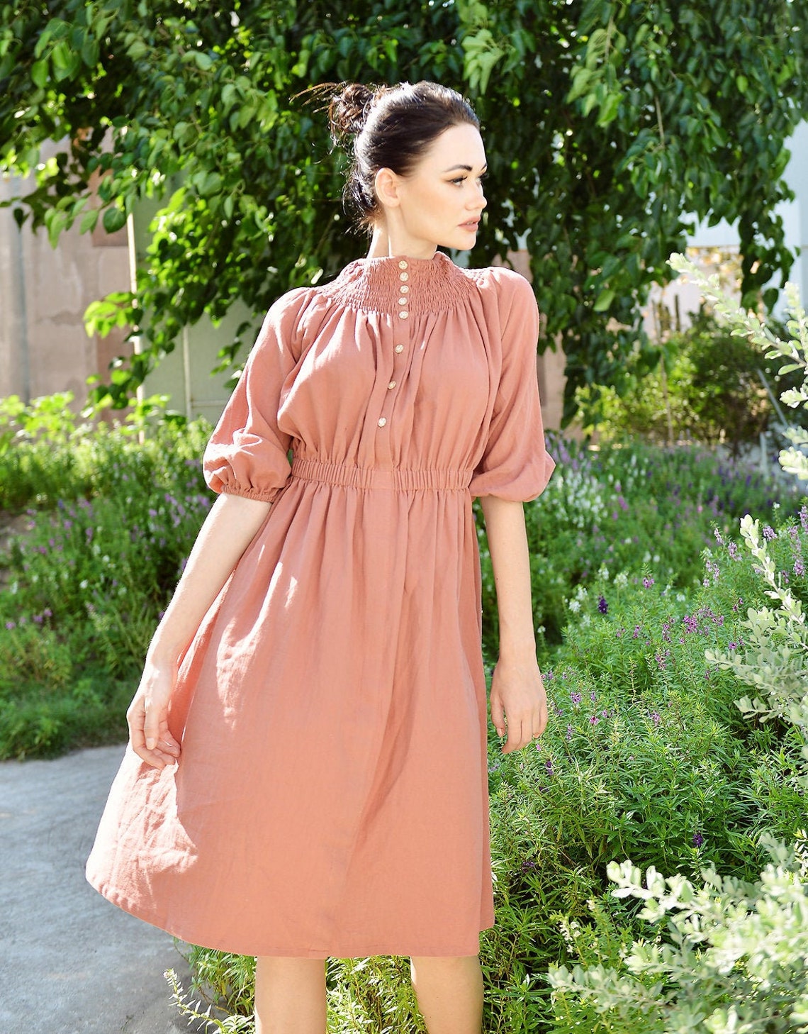 Midi Cotton Dress Buttons Half Sleeve Dress Women Cotton Etsy