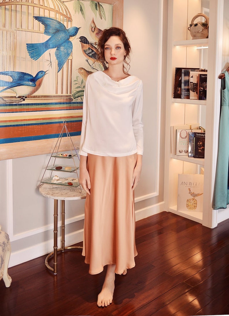 Long Sleeve Silk Blouse - shops Women Silk Blouse - Cowl Neck Top - White Silk Shirt Women